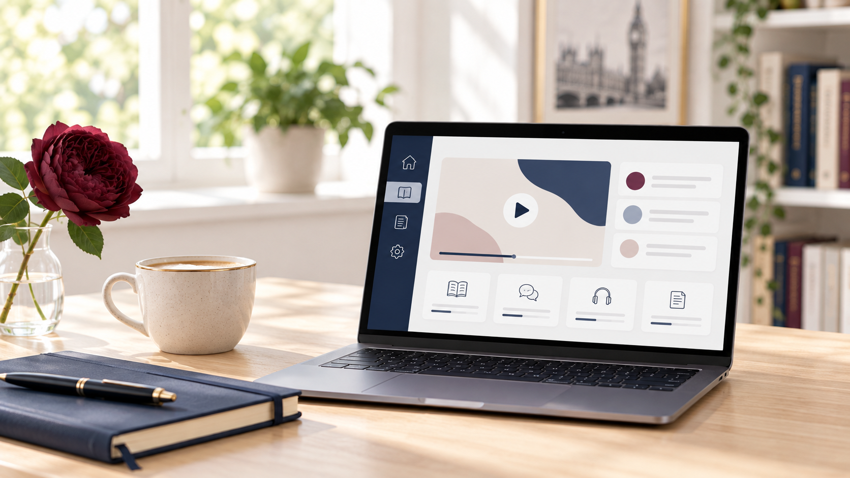 Corso di inglese online con laptop, tazza e rosa bordeaux