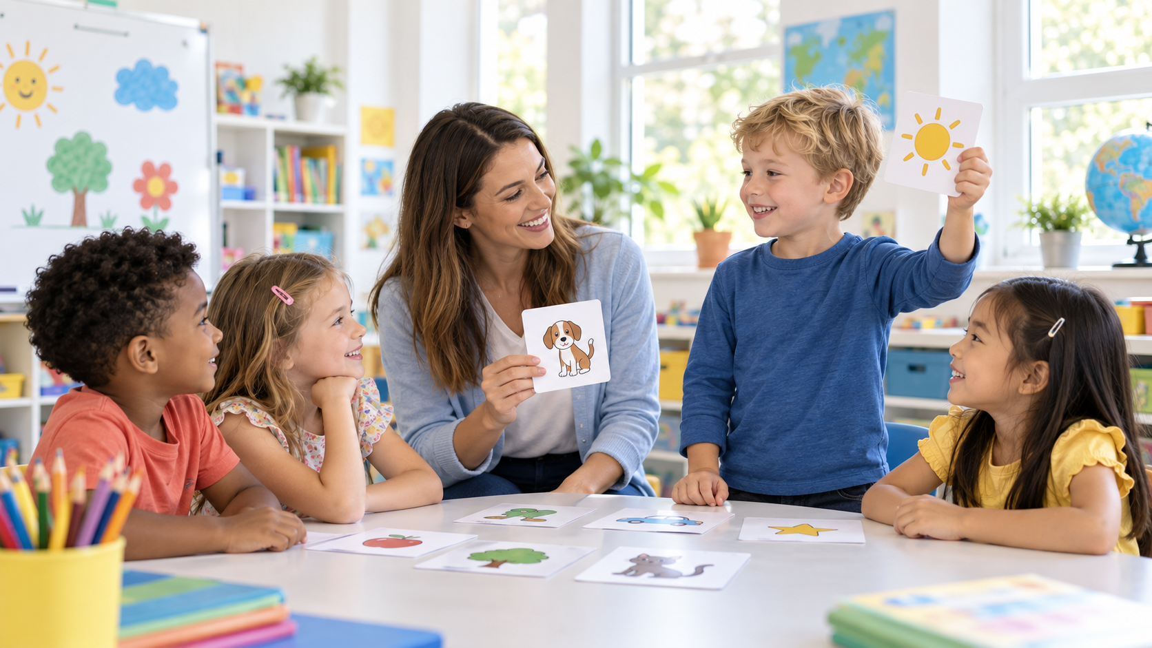 Quattro bambini di circa 6 anni durante una lezione di inglese con l'insegnante